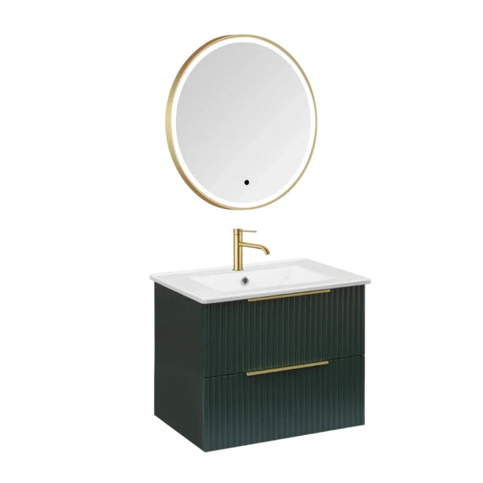 600mm Forest Green Wall Hung Vanity Unit with Basin and Brushed Brass Round Mirror