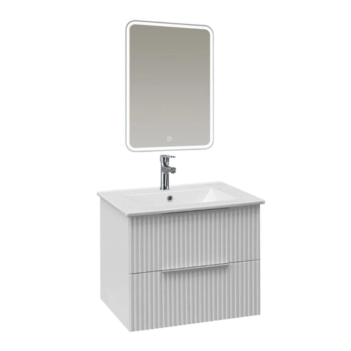 White vanity cabinet with inset sink, chrome tap, and backlit LED mirror above
