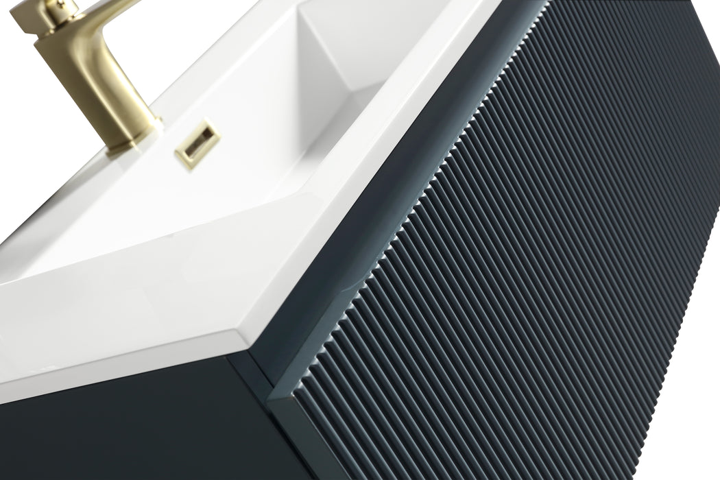 Close-up of a fluted unit with a brushed brass tap