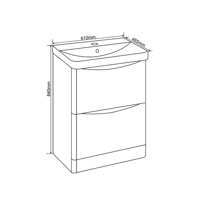 Rimini 600mm 2 Drawer Floor Standing Vanity Unit with Basin - White