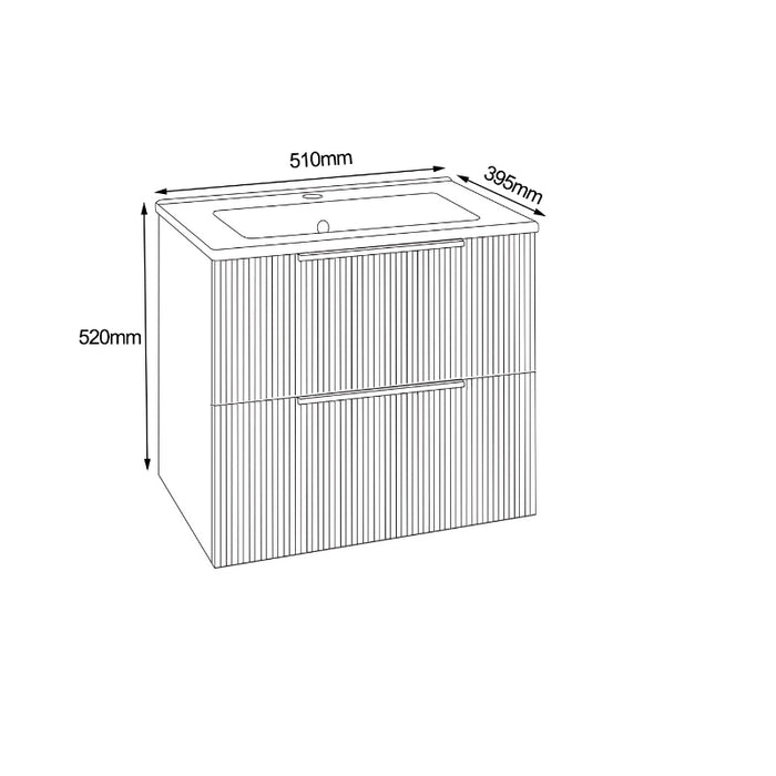 Fluted wall-hung vanity unit dimensions: 510mm wide, 395mm deep, 520mm high