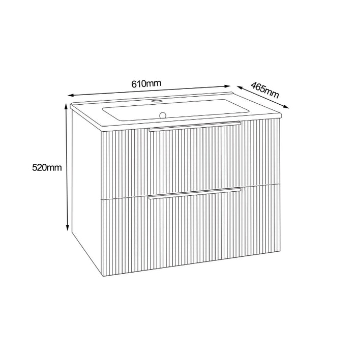Fluted white wall vanity unit size diagram, basin and 2 drawers