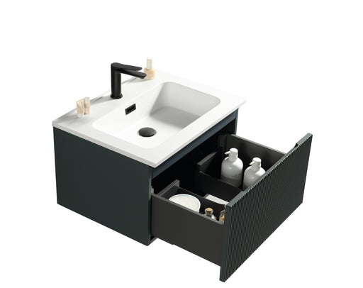 Bathroom vanity with white sink and black faucet, open drawer showing toiletries.