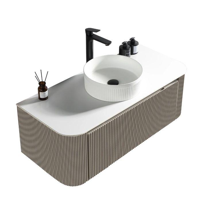 Fluted 1075mm Wall Hung Curved Corner Vanity with Countertop – Soft Coffee