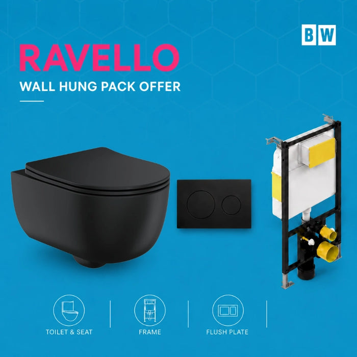 Rimless Wall Hung Black Toilet, Frame & Button Pack