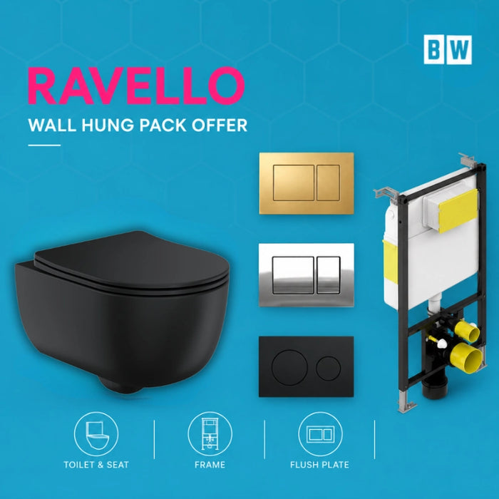 Rimless Wall Hung Black Toilet, Frame & Button Pack