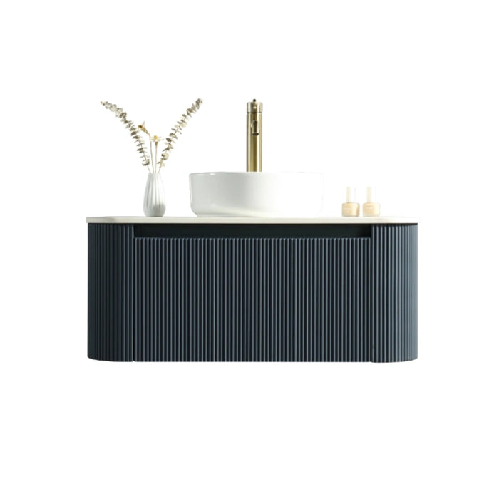 Fluted 870mm Wall-Hung Curved Corner Vanity with Countertop – Midnight Shadow