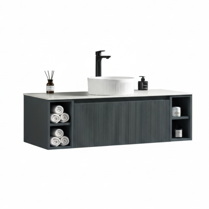 Fluted 1200mm Wall Hung Vanity with 2 Side Storage - Smoked Sage