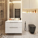 Matt white fluted wall-hung vanity with basin, two drawers, and metal bar handles