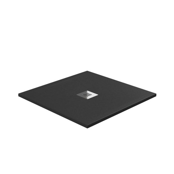 Black square slate shower tray with central square waste drain
