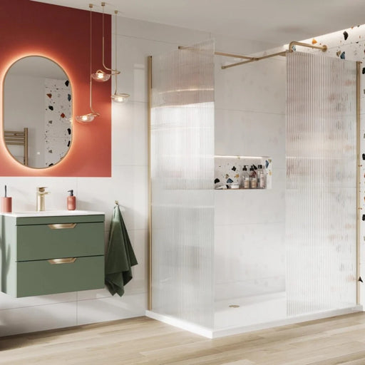 White low-profile rectangular shower tray with shallow rim, installed in walk-in shower