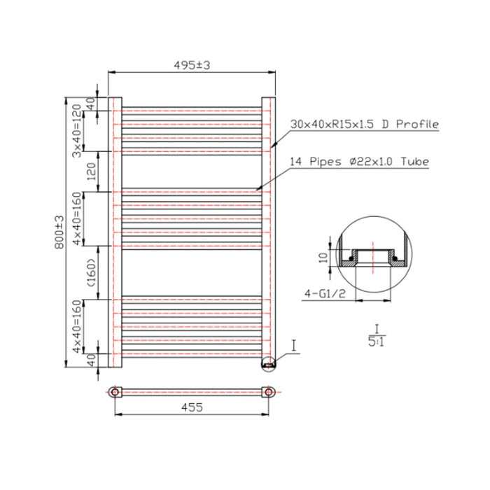 500 x 800mm Heated Towel Rail - Black