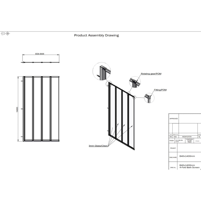 4 Panel Folding Bath Screen Polished Chrome 1400mm