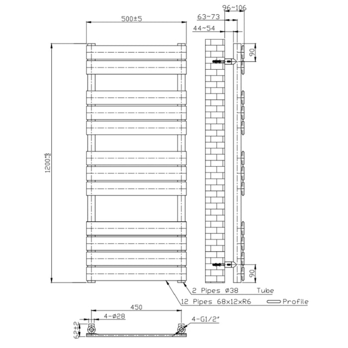 Designer Towel Radiator 500 x 1200mm - Matt Black