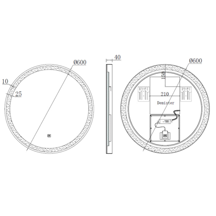 Pesaro 600mm Round Black Mirror with Touch Sensor & Demister