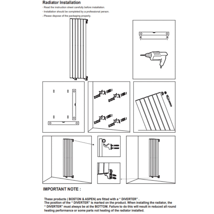 Vertical radiator installation diagram with parts layout and mounting instructions