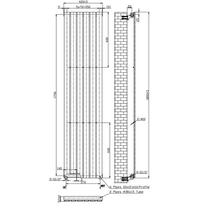 Technical line drawing of vertical black double-panel radiator with measurements