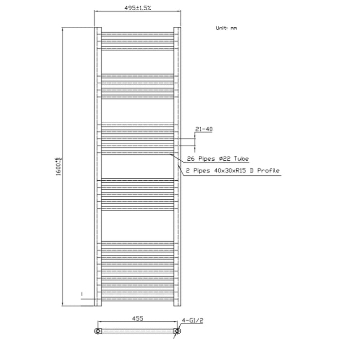1600 x 500mm Towel Radiator 3540 BTU - Black