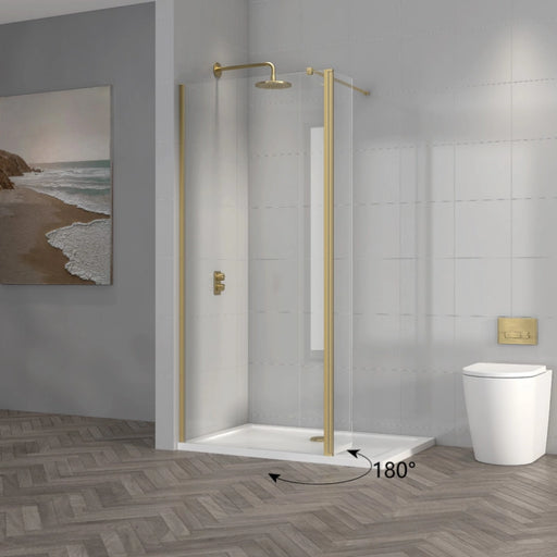 Brushed brass hinged wet room screen panel with clear glass, 300mm wide