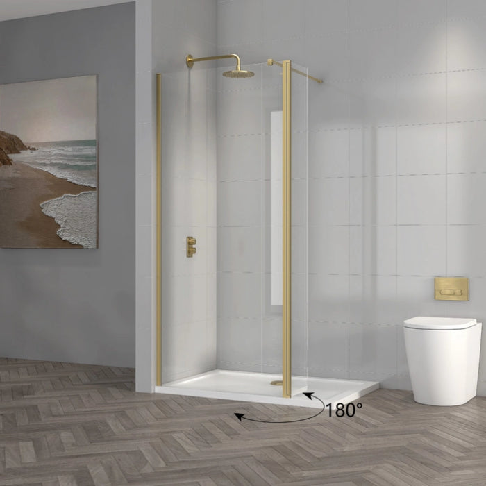 Brushed brass hinged wet room screen panel with clear glass, 300mm wide