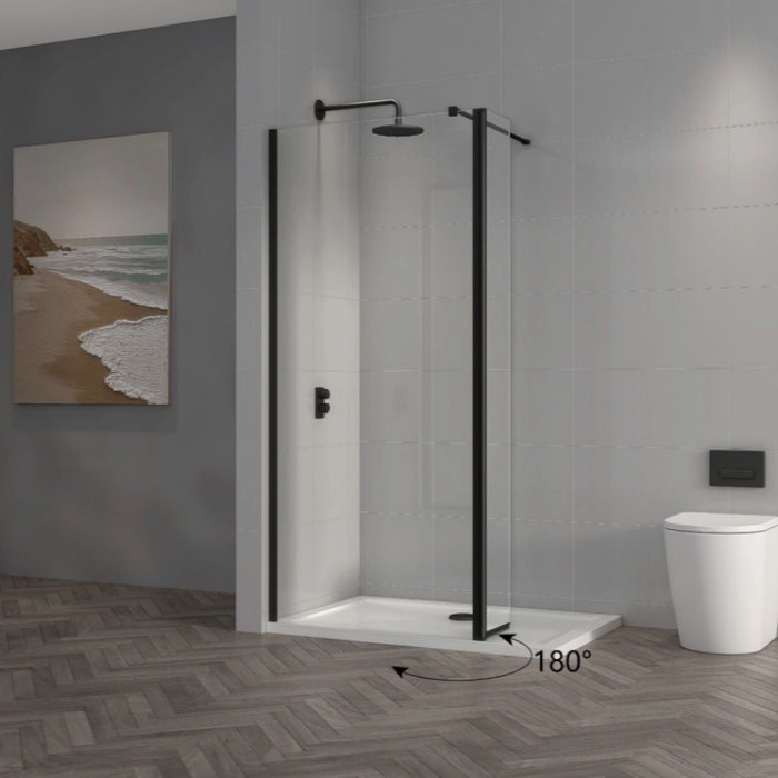 Black hinged wet room glass screen panel with black frame and wall hinges