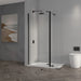 Black hinged wet room glass screen panel with black frame and wall hinges