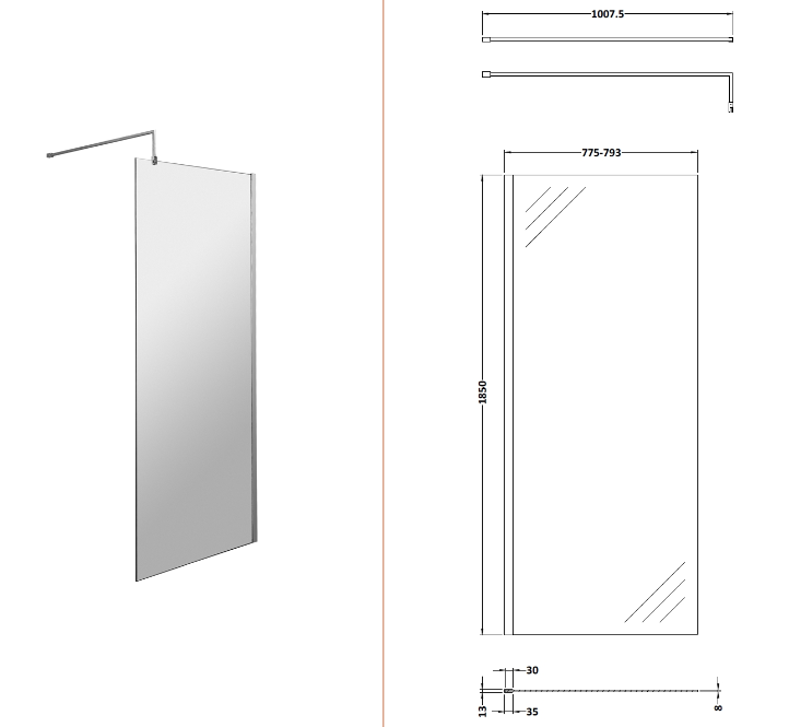 Wet Room Screen Enclosure Brushed Brass 1850mm High