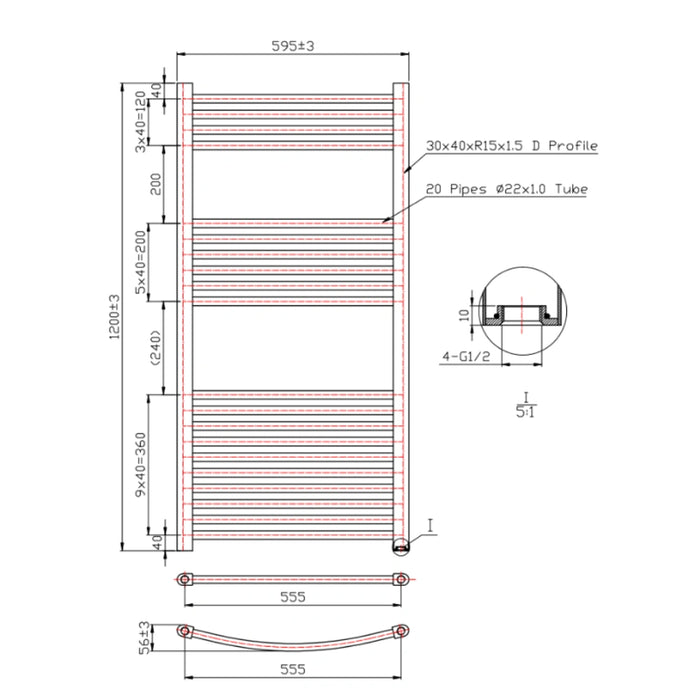 1200 x 600mm Towel Radiator - Black
