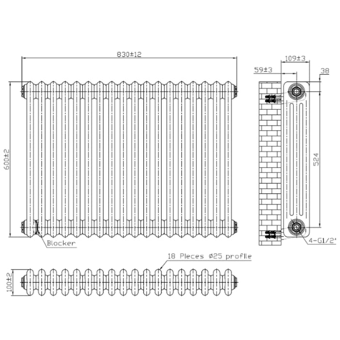 3 Column Horizontal Designer Radiator 600 x 830mm - White