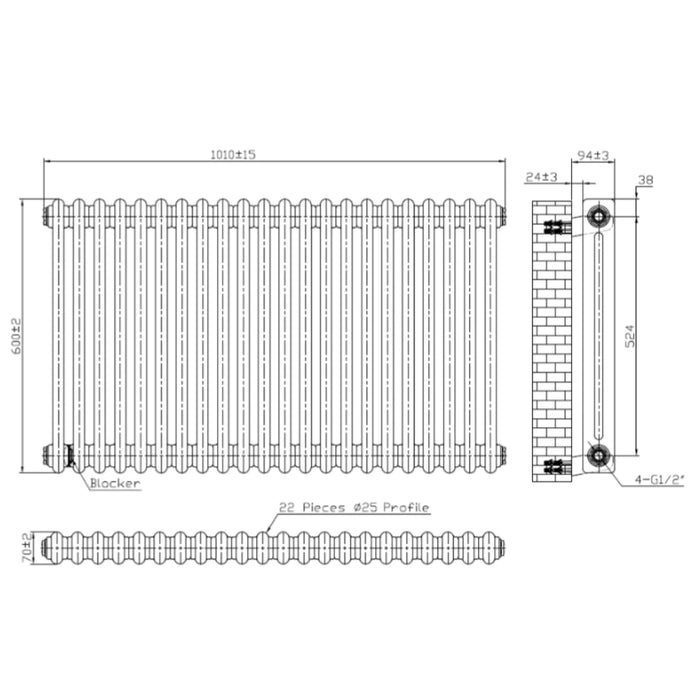 2 Column Horizontal Designer Radiator 600 x 1010mm - Anthracite