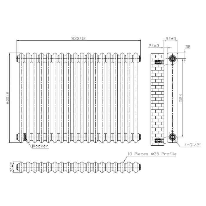 2 Column Horizontal Designer Radiator 600 x 830mm - White