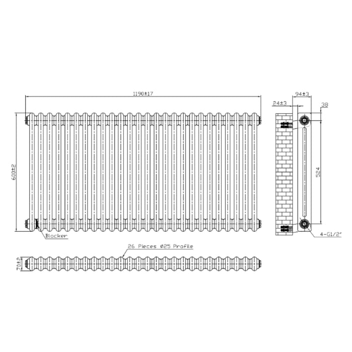 2 Column Horizontal Designer Radiator 600 x 1190mm - White