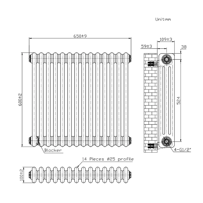3 Column Horizontal Designer Radiator 600 x 650mm - Anthracite