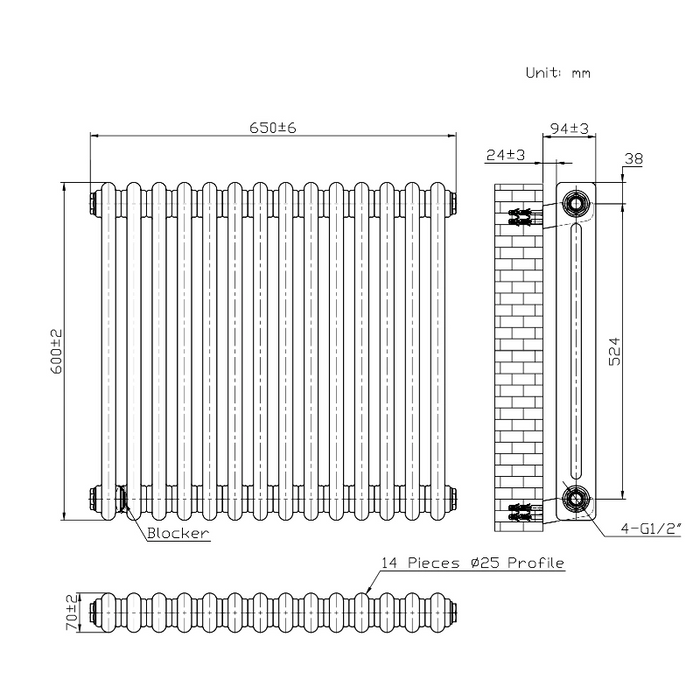 2 Column Horizontal Designer Radiator 600 x 650mm - Anthracite
