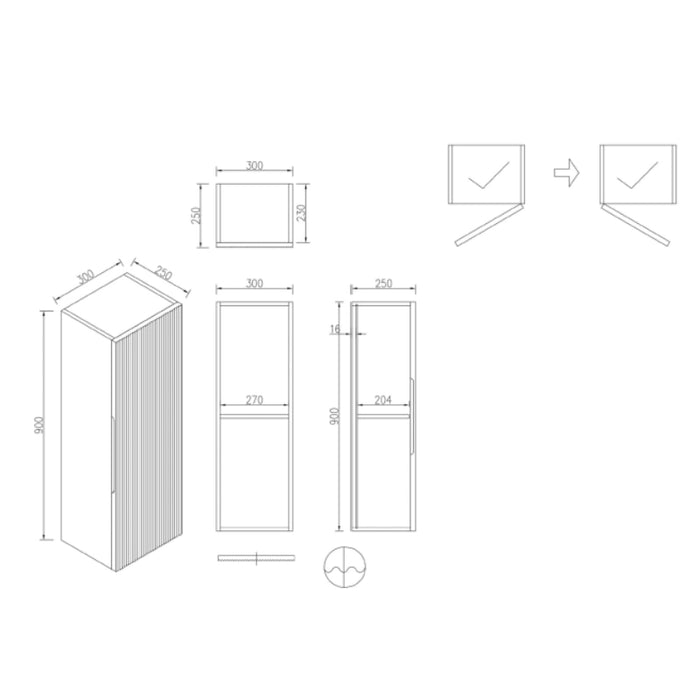 Fluted 900mm Wall Mounted Tall Storage Cabinet - Midnight Shadow