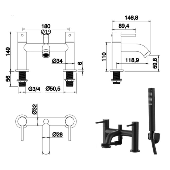 Pisa Bath Shower Mixer Tap with Shower Kit - Black