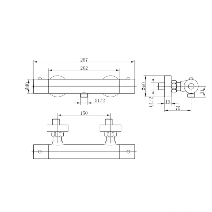 Round Thermostatic Bar Valve - Black