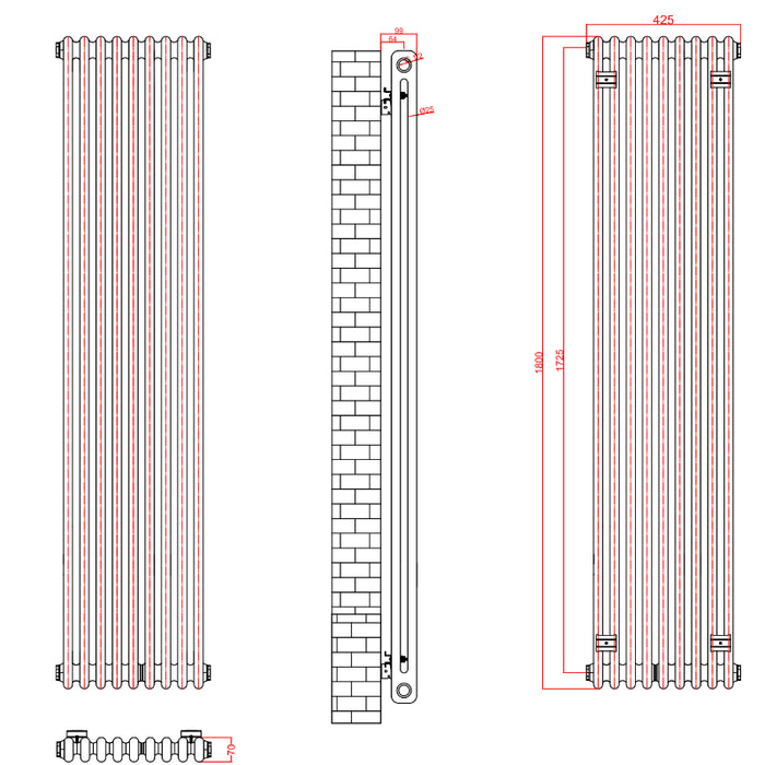 2 Column Vertical Designer Radiaor 1800 x 425mm - Black