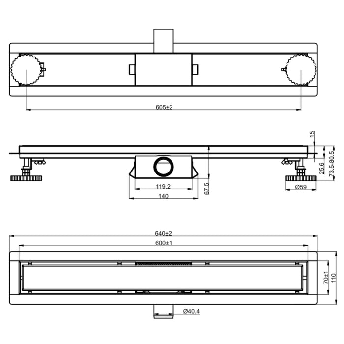 Tile Insert Linear Shower Drain 600mm - Brushed Brass