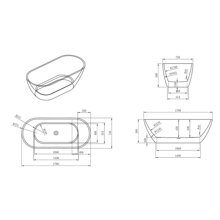 Reims Freestanding Bath 1700 x 750mm