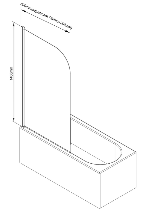 Round Edge Hinged Bath Screen 1400 x 800mm - Black