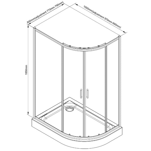 Quadrant shower door diagram with chrome frame and curved glass panels