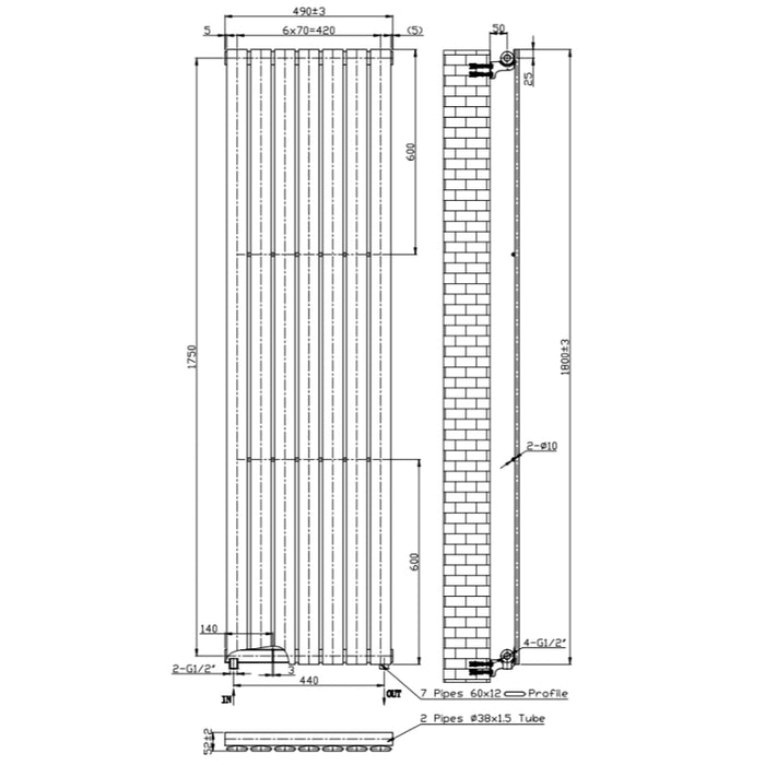 Black vertical flat single panel radiator technical layout drawing, 1800 x 490 mm
