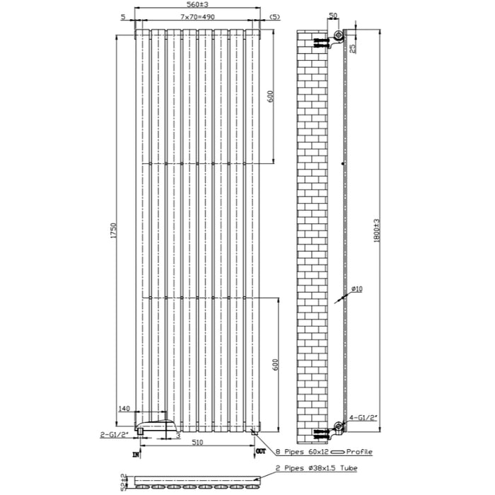 Technical line drawing of black vertical single panel radiator
