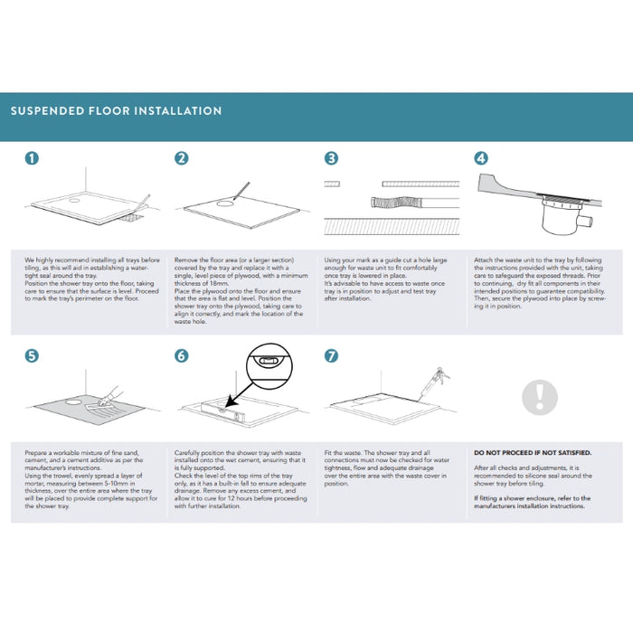 Suspended floor installation diagram for low profile rectangular shower tray with drain