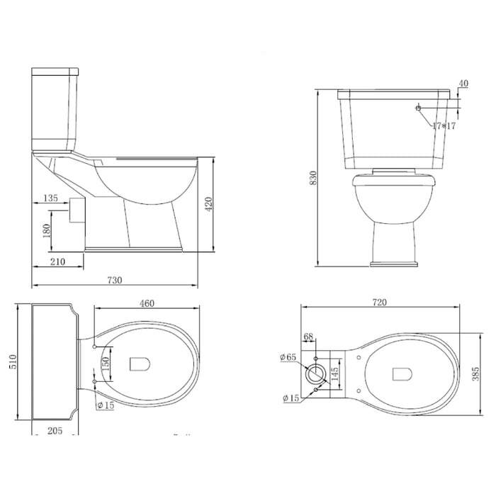 Technical line diagram of traditional toilet and cistern with overall dimensions