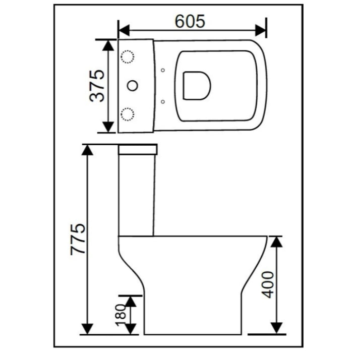 Rimless square close-coupled toilet with soft-close seat, shown with technical dimensions