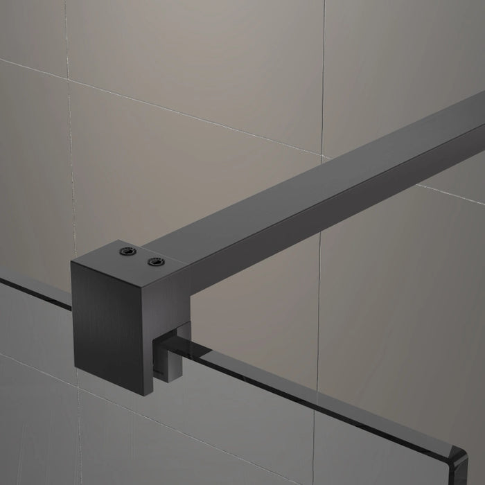 Gunmetal wet room enclosure frame with wall clamp and glass channel, dark finish