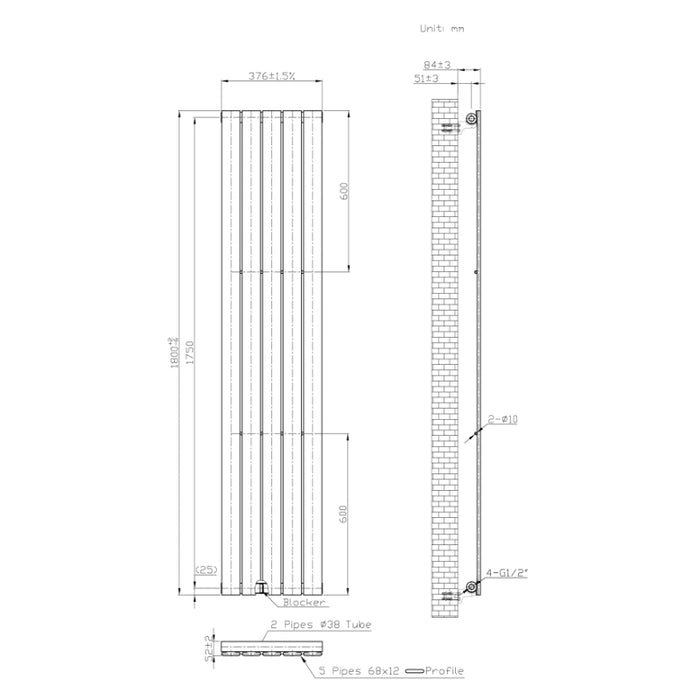 Cadiz Flat Vertical Single Panel Radiator 1800 x 376mm - Anthracite
