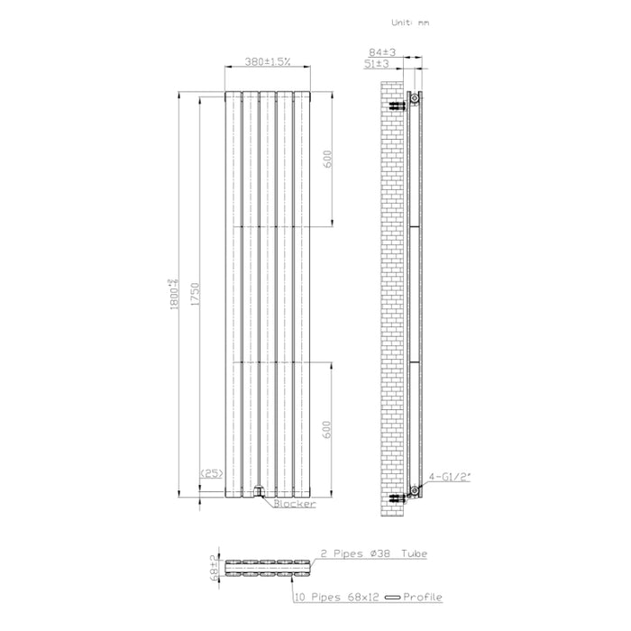Cadiz Flat Vertical Double Panel Radiator 1800 x 376mm - White